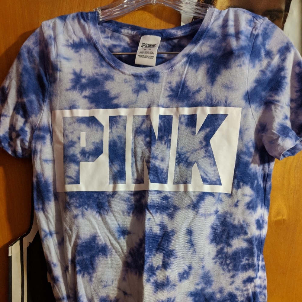Blue tie dye pink brand shirt